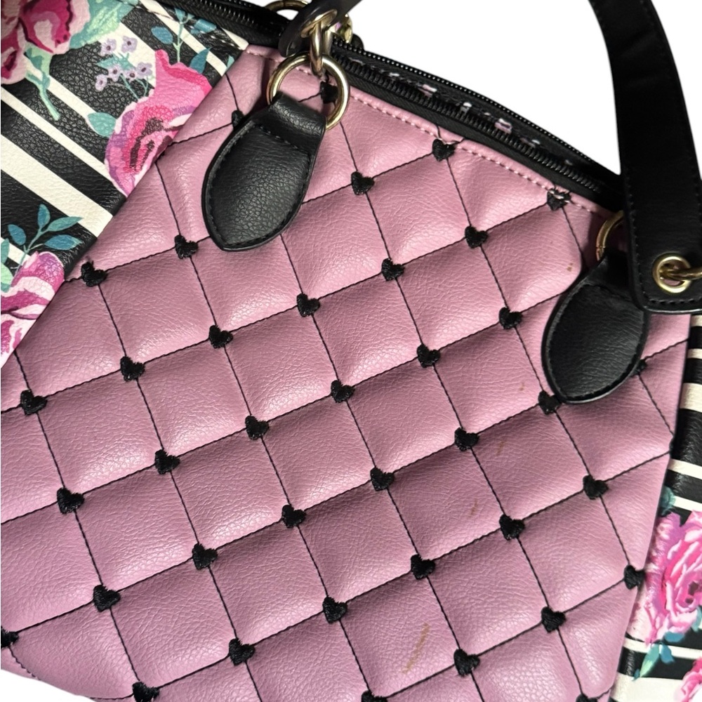 Betsey Johnson Mauve Floral Quilted Crossbody Satchel with Gold Hardware - Picture 2 of 8